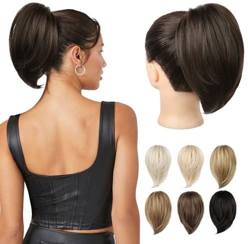 REECHO Ponytail Extension,Claw Clip Hair Bun Hair Piece Short Straight Ponytail Hair Extensions Messy Hair Bun Natural Synthetic Fake Ponytail Hair Pieces for Women- Chocolate Brown
