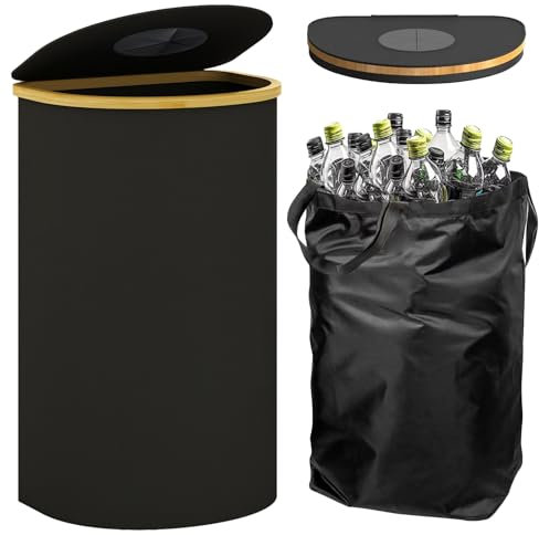 lulalula 100L Deposit Bottle Collector Bin with Lid & Handle, Recycling & Waste Bin for Kitchen,Foldable Storage Collection with Reusable Inner Bag for Bottles Cans Glass Plastice Cartons (Black)