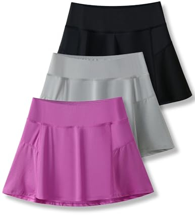 3-Pack Girls’ Athletic Skorts with Built-in Shorts & Adjustable Waist, Youth Skirts Tennis, Golf, Cheer, School (Set 8, Youth X-Large)