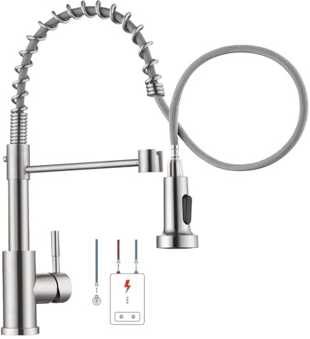 YUHUBY Rubinetto da cucina a bassa pressione, in acciaio inox spazzolato, con doccetta estraibile, 2 modalità, monocomando, 1 foro girevole a 360°
