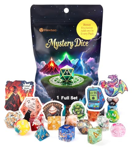 Haxtec Mystery DND Dice Set 7pcs Polyhedral Dice + 3 Funny Waterproof Stickers, Mystery Dice for Dungeons & Dragons, Chance Win Rare Sharp Edge, Great DND Gift, No Duplicates in 2/5 Packs