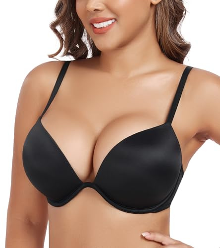 DotVol Women's Thick Padded Push Up Plunge Wired Everyday Bra | Low Cut, Deep Plunge, Underwire Support, T-Shirt Bra, Seamless Comfort, Smooth Material, Add 2 Cup Size