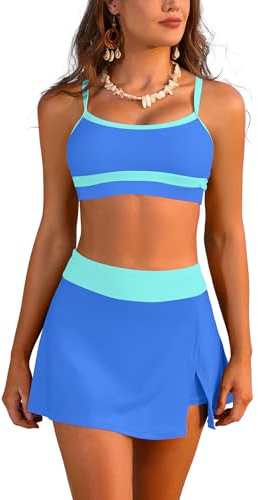 SHEKINI Bikini för kvinnor, baddräkter med kjol, hög midja, magkontroll, badkjol med säkerhetsshorts, tvådelad, badmode, baddräkt, push-up, bikinitopp, sommar, Blå grön, S