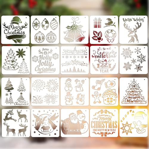 WeddHuis 20 piezas Plantillas de Navidad, Plantillas de Dibujo Reutilizable y Pintura Navideña, para Manualidades de Navidad y Decoración Navideña, Scrapbooking, Ventana y Pared