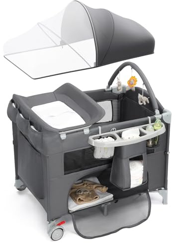 LEADZM 5-in-1 Beistellbett, Reisebett, Babybett mit Matratze und Rollen, Wickelauflage, Aufbewahrungskorb, Moskitonetz und Reisetasche für Neugeborene bis Kleinkinder (Grau)