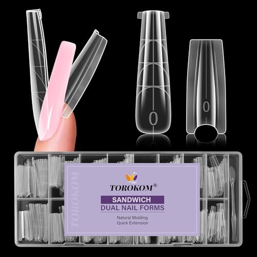 TOROKOM 256 stycken, 16 storlekar, trapezoidal, smörgås, dubbla nagelformer | Dubbla tips naglar, snabb nagelförlängning, utan pappersformar, återanvändbara plastformar för byggare gel, polygel