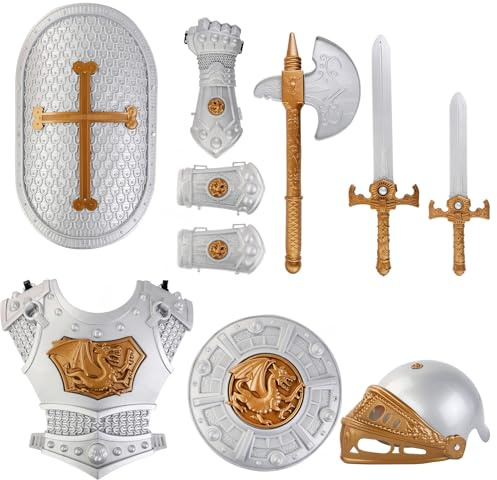 Liberty Imports Medieval Knight in Shining Armor, Kids Crusader Pretend Role Play Plastic Costume Dress Up Cosplay with Toy Swords, Axe, Shield, Weapons & Accessories Playset
