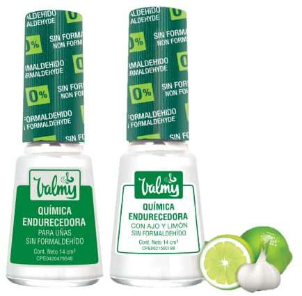 VALMY Pack Endurecedor de Uñas Frágiles: Química Endurecedora y Química Endurecedora con Ajo y Limon, Libre de Formaldehído, Tratamiento Blanqueador y Fortalecedor, 14 ml c/u (2 unidades)