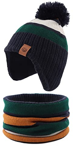 XIAOHAWANG Rayé Tricoté Bébé Bonnet Hiver Chaud Enfant Chapeau Classique Fille Garçon Bonnets avec Pompom Tout-Petit Chapeaux pour Activité de Plain Air(Vert(Chapeau+écharpe),4 à 7 Ans)