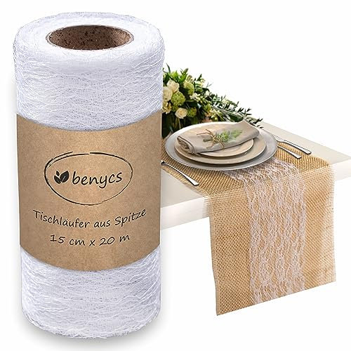 Benycs Weißer Spitze Tischläufer - Dekoband für Vintage Hochzeit, Konfirmation und Kommunion - Schmaler (15 cm x 20 m)
