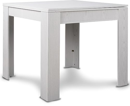 BAKAJI Tavolo Quadrato Allungabile 90x90 cm, Apertura a Libro, Design Moderno Ribaltabile, Apribile 4-8 Posti, Ideale per Sala Pranzo, Soggiorno, Cucina, Arredamento Interno (Bianco Frassinato)