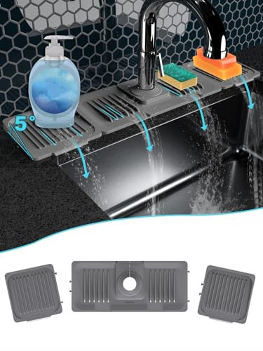 Spliced Sink Splash Guard-Silicone draining mat for Kitchen Sink-Faucet Drain pad with 2 Sponge Holder and Dish soap Tray-Rubber Handle drip Catcher Protector Accessories Behind Faucet