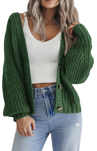 HOTOUCH Cardigan court ouvert sur le devant avec boutons pour femme - Pull ample à manches longues en tricot surdimensionné, Vert, M