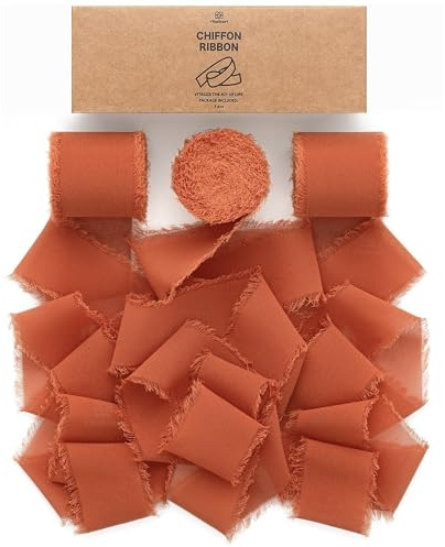 Vitalizart Chiffon Terracotta Gift Ribbon 3 Rolls 1.5'' x 7 Yd | 21 Yd Handmade Frayed Fringe Ribbons for Wedding Invitations, Bridal Bouquets, Gift Wrapping, Decoration, DIY Crafts