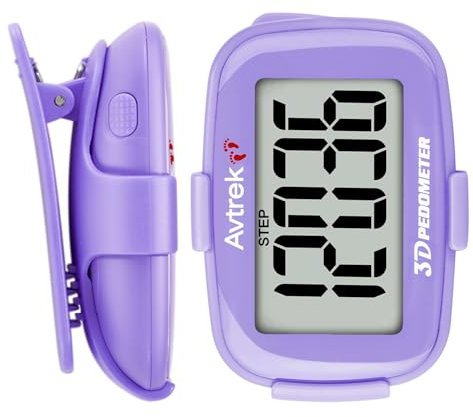 AVTREK Podómetro 3D con clip y cordón, mini podómetro para caminar, sin aplicación, sin teléfono móvil, retroiluminación LED, medidor de pasos preciso para mujeres, hombres y personas mayores (morado)