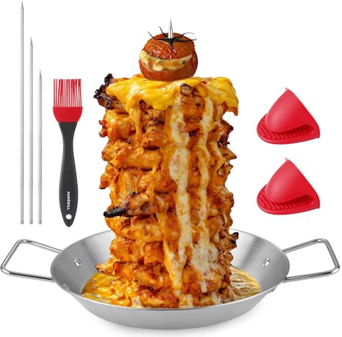 Al Pastor Skewer for Grill Stainless Steel Shawarma Skewer Stand with 3 Spikes (8/10/12),Brush & Anti-scalding Fittings for BBQ Grill Oven