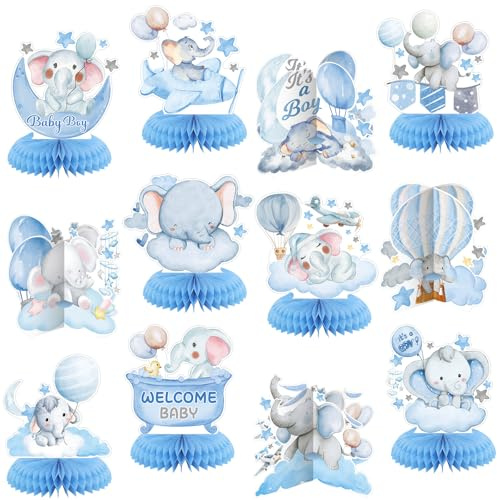 12 Pcs Blue Elephant Honeycomb Baby Shower Decorations Table Centerpieces Balloons Star Moon Elephant Table Topper Decoration for Gender Reveal Birthday Party Favors Supplies