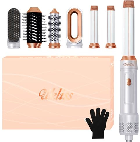 Haastyler 6 in 1, UKLISS Hair Styler Föhn Set mit Haartrockner 1000W, Rundbürste Haarföhn, Air Auto Wrap Lockenbürste, Thermal Brush, Warmluftbürste, Haarglätter Bürsten für Frauen Geschenke (Weiß)