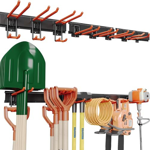 BONTEC Wandmontierter Werkzeughalter, 294kg Tragfähigkeit, 3 Rail Panels, Verstellbare Garage Wandregale mit 8 Haken, Gartenwerkzeug Aufbewahrung, Werkstatt Organizer,Stabil und Rostbeständig,Orange