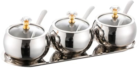 KEJJRIUTN 304 Stainless Steel Seasoning Containers Set, Condiment Jar Spice Container with Lid Spoon and Tray, Sugar Storage Organizers with 3 Serving Spoons