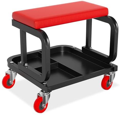 NAIZY Sgabello da officina con ruote, quadrato, con ripiano, con attrezzi, per montaggio fino a 150 kg, per officina e garage