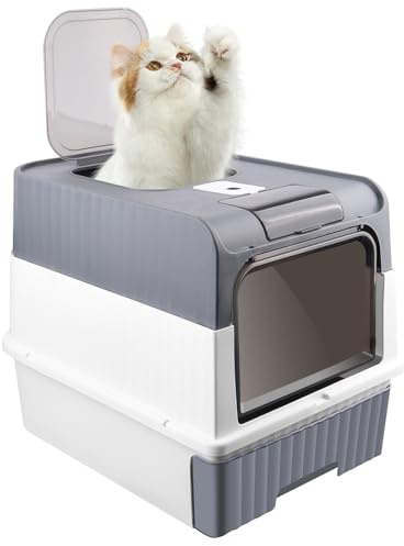 Bandeja para arena plegable para gatos con entrada frontal y salida superior, gran espacio, casa de baño para gatos con bandejas extraíbles + pala para arena 49 * 37 * 35 cm - Gris