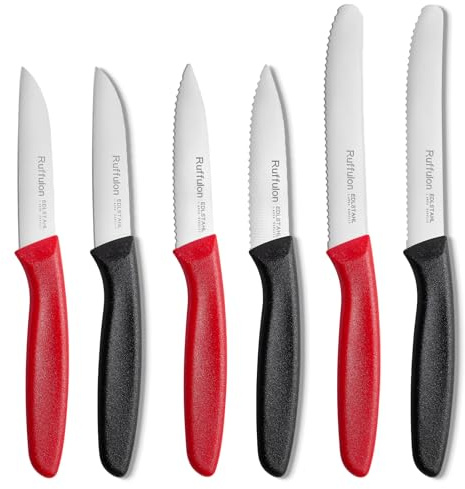 Ruffulon Paring Knife,Set of 6, Vegetable Knife Small,Premium Fruit Knives,Small Kitchen Knife Sets,Straight Edge&Serrated Knifes,Red&Black Kitchen Paring Knives,Dishwasher Safe