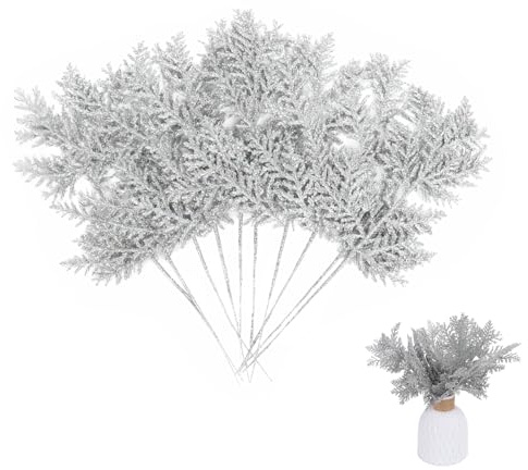 Frouen 20pcs Christmas Glitter Leaves Picks, Xmas Glitter Foliage Decor, Silver Christmas Tree Decorations, Artificial Leaves Stem Xmas Ornaments for Wreath Tree Garland Decorations