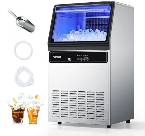 VEVOR Machine à Glaçons Commerciale 54,4 kg/24 h, Appareil de Préparation de Glaçons avec Capacité de Stockage de 15 kg, 45 Cubes par Cycle, avec Écran LED et Nettoyage Automatique, Restaurant Bar