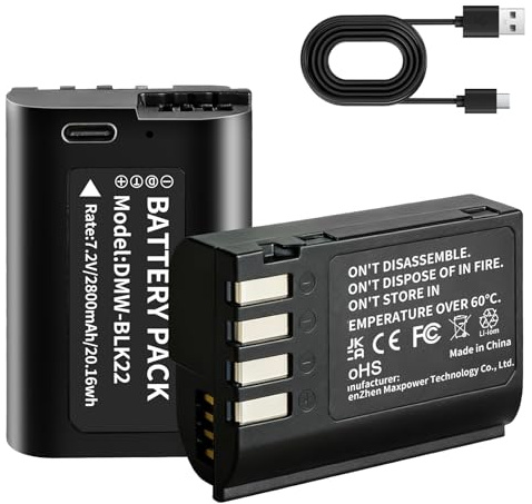 2er-Pack 2800-mAh-USB-C-Akku DMW-BLK22 für Panasonic Lumix DC-S5, DC-S5IIX, DC-S5II, DC-S5IIX, GH5 II, GH6, S5II, S5M2, GH5M2 Kameras, Schnellladung in 3 Stunden über USB-C-Schnellladefunktion
