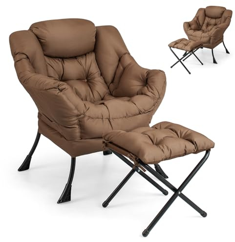 Multigot Accent Lazy Chair, Modern Leisure Sofa Chair with Folding Footrest & Side Storage Pocket, Single Upholstered Chair for Living Room Bedroom Office (Coffee)