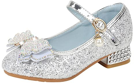 Generisch Evening Shoes Girls Heel Rhinestone Summer Princess Shoes Glitter Soft Mary Jane Children's Shoes for Party Communion Shoes Bridal Shoes Outdoor High Heels, Grey (grey 1), 12 UK Child