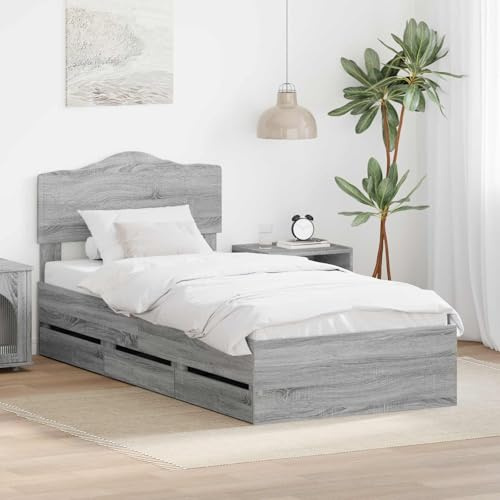 Teenpull Gris Sonoma Cama somier Base lecho canapé cabecero Estructura colchón Dormitorio 100 x 200 cm, Madera ingenieril, 6 cajones, Soporte Estable, Ahorro Espacio para Descanso Interior