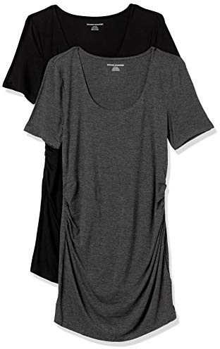 Amazon Essentials T-Shirt con Scollo Rotondo e Arricciatura a Maniche Corte Premaman Donna, Pacco da 2, Carbone Puntinato/Nero, XS