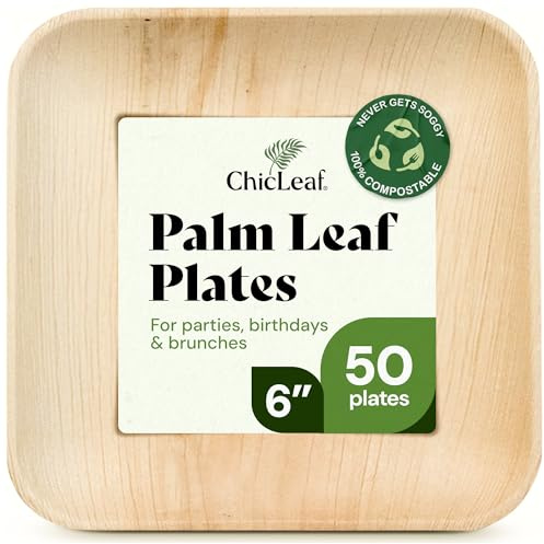Chic Leaf Palm Leaf Compostable Plates - 6 Square, Pack of 50 - Disposable Dinnerware for your Table, Rustic Bamboo Appetizer Plates - Summer Dinner, Charcuterie Boards & Biodegradable Serviceware