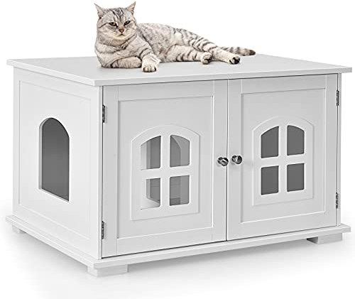 COSTWAY Katzenschrank Katzentoilette, Katzenklo Schrank mit 2 magnetischer Türen & Eingang, Kleintierhaus Holz, Beistelltisch Katzenhaus für Katzen Hunde Haustier, 81 x 53 x 49 cm, Weiß