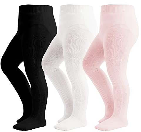 hakugoo Baby Tights Toddler Cable Knit Leggings 3 Pack Cotton Seamless Stockings Pantyhose for Infants Toddlers (Black+White+Pink, 0-6 Months)