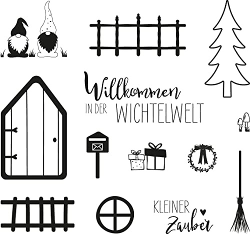 Rayher Clear Stamps tomtevärld, bågstorlek 102,5 x 97 mm, 2 texter och 10 motiv, genomskinliga, transparenta stämplar, genomskinliga, silikonstämplar, tomte, 50266000