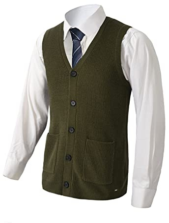 Maglione uomo V-Neck senza maniche cardigan a maglia DXL grande e alto gilet_Olive_Medium