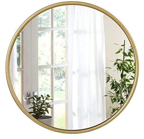 WOLTU runder Wandspiegel 60 cm, Spiegel rund mit Goldrahmen, moderner Hängespiegel für Badezimmer Schlafzimmer Wohnzimmer Flur, dekorativer Schminkspiegel aus Glas Metall MDF Haken