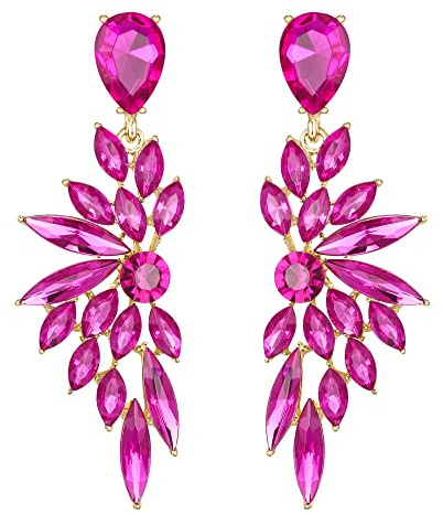 BriLove Women's Wedding Bridal Crystal Teardrop Multi Marquise Cluster Bling Dangle Earrings Fuchsia