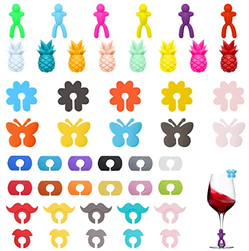 VEGCOO Marqueurs de Verre, 46 Marqueurs de Verre Réutilisables, Marque Verre,Identificateur de Verre à vin en Silicone pour Verre à Vin à Vocktail (6 styles)