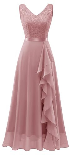Berylove Aftonklänning dam, lång, V-ringad, chiffong elegant vokuhila, tyllklänning, bröllopsklänning, balklänning, Blush, L