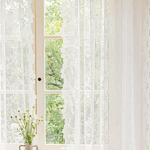 TOATELU Cortinas De Encaje Floral, Color Blanco, 2 Unidades B150 X H200 Cm Cortina Visillo con Bordado Floral, Vintage Cortina De Voile para SalóN Dormitorio DecoracióN Trae Un Poste