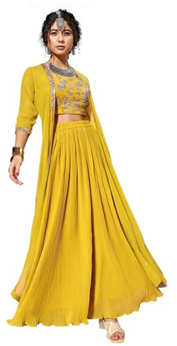 TRENDMALLS Women's Georgette Embroidery Crop Top with Flared Pleated Palazzo and Shrug Set (G218-Yellow-M)