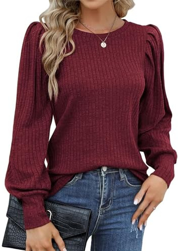 Hotouch Jersey de Mujer Casual Cuello Redondo Top Elegante Mangas abullonadas Blusa Ligera Otoño Manga Larga Túnica Tops Rojo XL