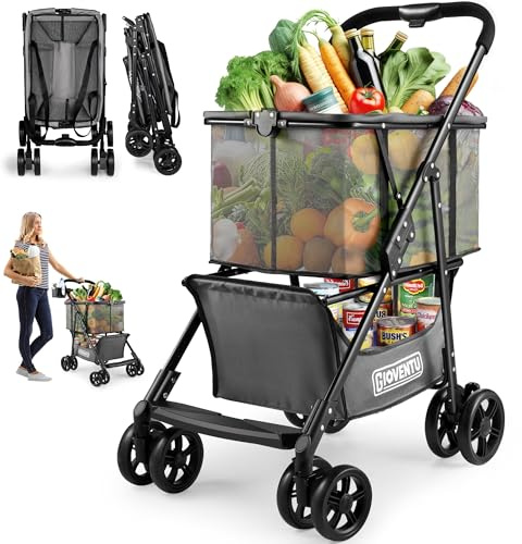 𝐈𝐦𝐩𝐫𝐨𝐯𝐞𝐝 𝐕𝐞𝐫𝐬𝐢𝐨𝐧 Folding Shopping Cart for Groceries, 80lbs Collapsible Grocery Cart with Removable Basket and Swivel Wheels, One-Hand Fold, Portable Personal Stroller Shopping Carts