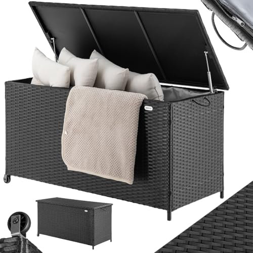 BAKAJI Baule Portaoggetti da Giardino in Polyrattan 420 Litri, Box da Esterno Impermeabile Resistente ai Raggi Uv, Cassapanca XXL con Ruote per Trasporto e Maniglia, 121 x 55 x 60 cm (Nero)