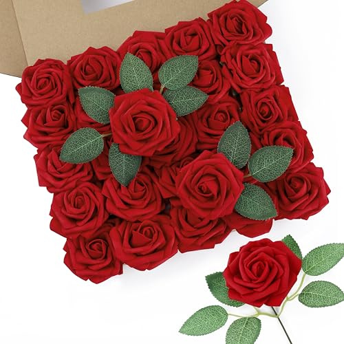 DuHouse 50Pcs Artificial Roses Flowers Fake Roses with Stems Real Touch Foam Flowers for DIY Wedding Bouquet Party Centerpiece Floral Arrangement Party Home Decor(Dark Red)