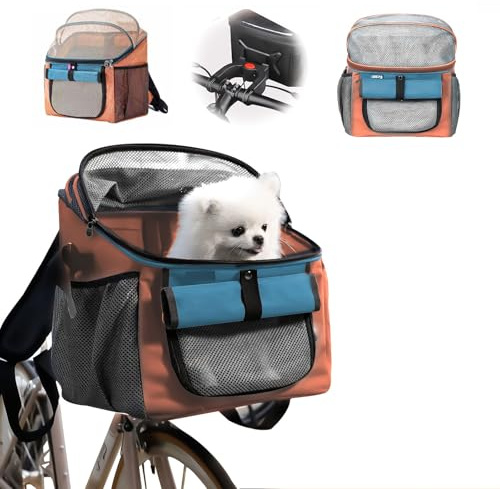 TOWEBOORY Cestino per Bicicletta Animale Domestico, Cestino Bici per Cani con Adattatore per Manubrio Staccabile, Cinghie Regolabili, Rete Traspirante per Il Ciclismo Picnic Shopping (Arancione)